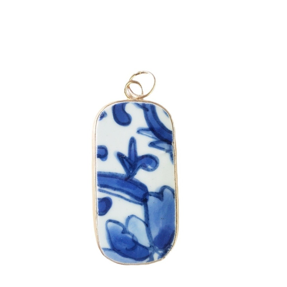 Vintage Blue and White Porcelain Pottery Shard Pendant Ming Chinoiserie Jewelry